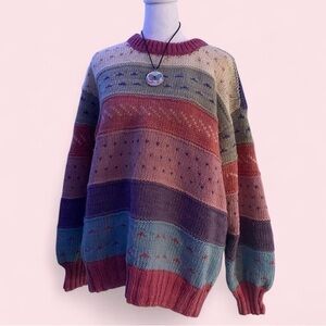 Multicolor Striped Crewneck Sweater - Pink, Purple & Blue